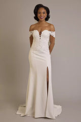 Luminous Satin Mermaid Off-the-Shoulder 3D Lace Sequin-Tulle Train High-Slit Wedding Dress