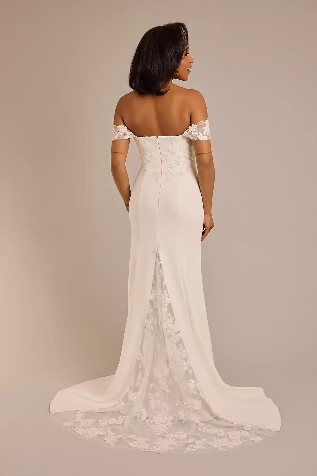 Luminous Satin Mermaid Off-the-Shoulder 3D Lace Sequin-Tulle Train High-Slit Wedding Dress