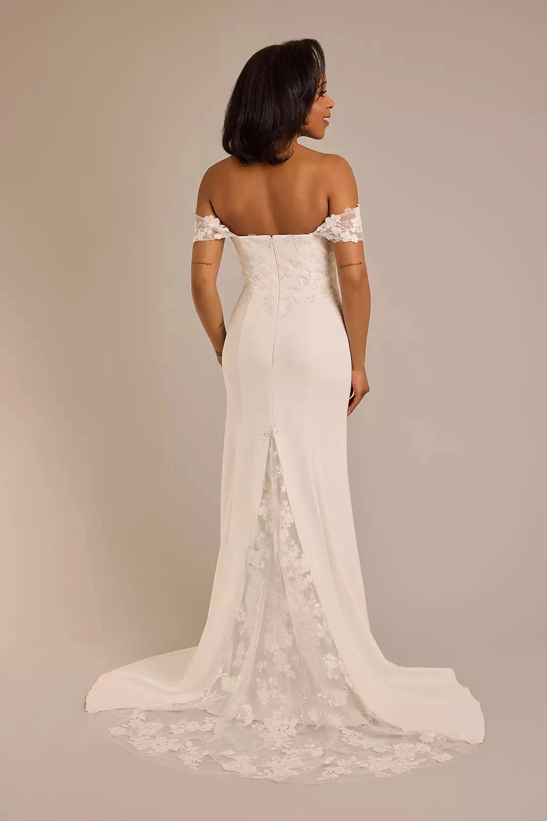 Luminous Satin Mermaid Off-the-Shoulder 3D Lace Sequin-Tulle Train High-Slit Wedding Dress by YiHuiw