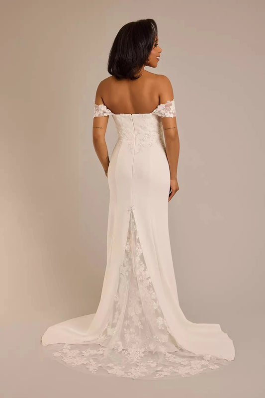Luminous Satin Mermaid Off-the-Shoulder 3D Lace Sequin-Tulle Train High-Slit Wedding Dress by YiHuiw