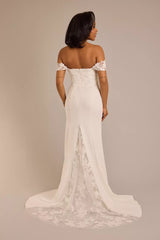 Luminous Satin Mermaid Off-the-Shoulder 3D Lace Sequin-Tulle Train High-Slit Wedding Dress