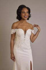 Luminous Satin Mermaid Off-the-Shoulder 3D Lace Sequin-Tulle Train High-Slit Wedding Dress