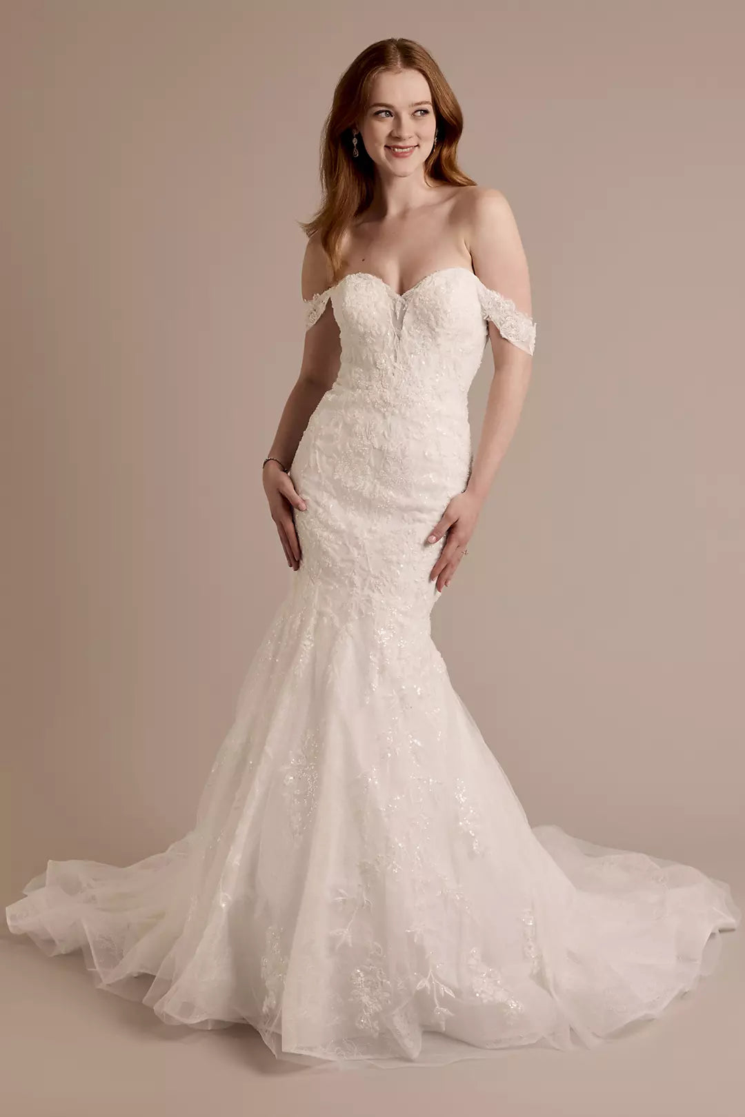 Luminous Sequin-Lace Mermaid Off-the-Shoulder Sweetheart Low-Back Train Wedding Dress