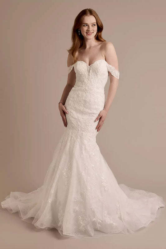 Luminous Sequin-Lace Mermaid Off-the-Shoulder Sweetheart Low-Back Train Wedding Dress
