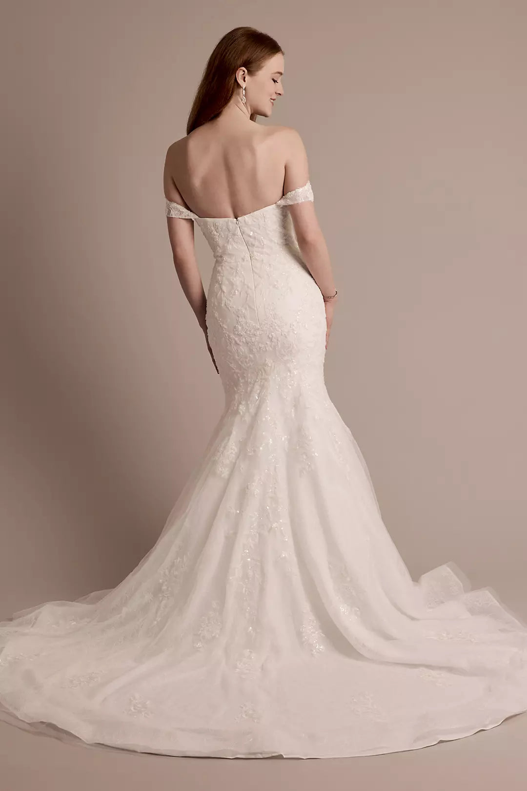 Luminous Sequin-Lace Mermaid Off-the-Shoulder Sweetheart Low-Back Train Wedding Dress