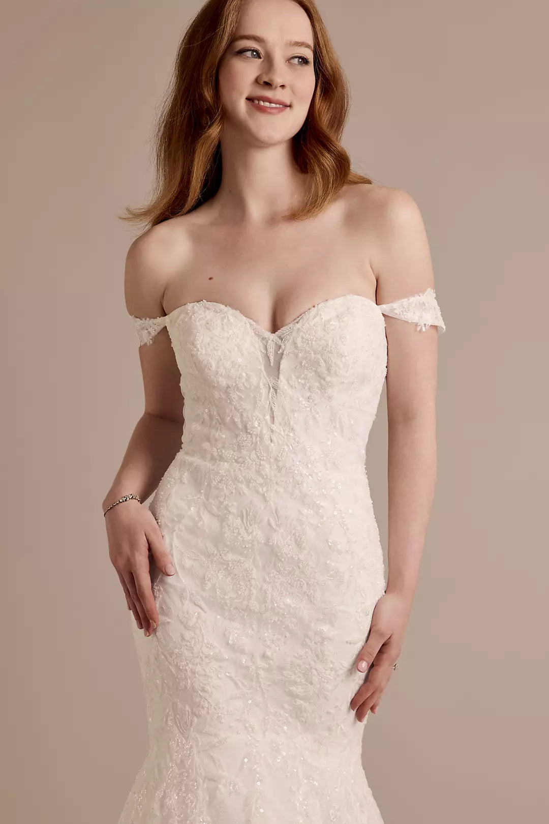 Luminous Sequin-Lace Mermaid Off-the-Shoulder Sweetheart Low-Back Train Wedding Dress