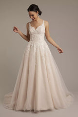 Luminous Sequin-Tulle A-Line Lace-Embellished V-Neck Corset-Back Train Wedding Dress