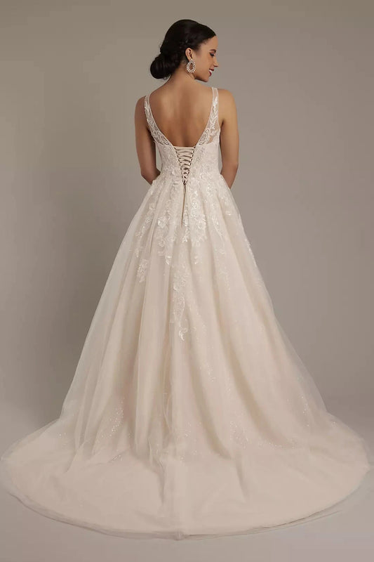 Luminous Sequin-Tulle A-Line Lace-Embellished V-Neck Corset-Back Train Wedding Dress by YiHuiw