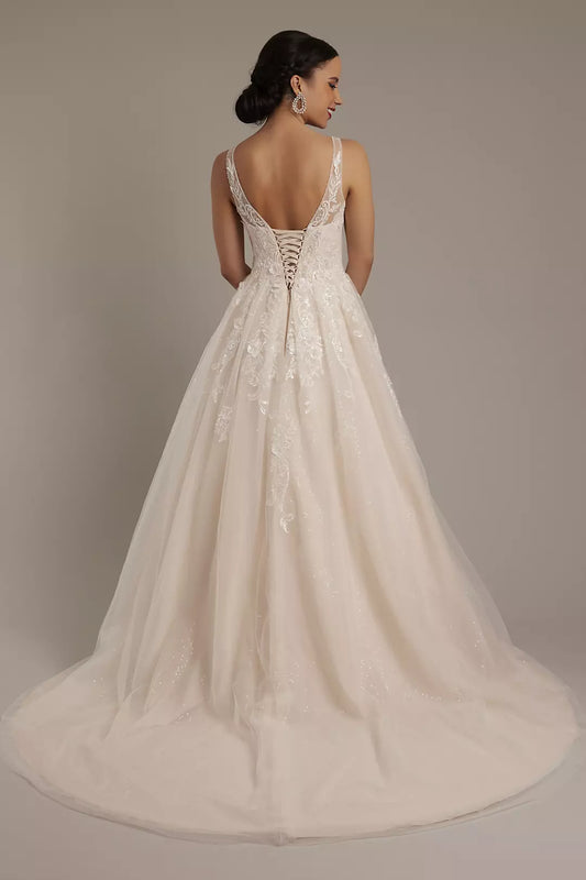 Luminous Sequin-Tulle A-Line Lace-Embellished V-Neck Corset-Back Train Wedding Dress