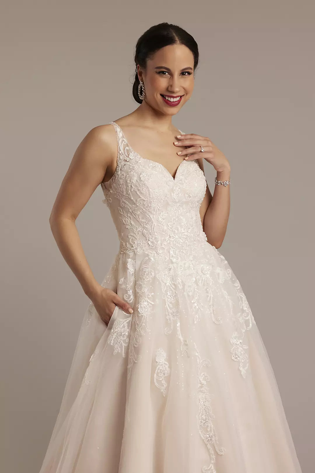 Luminous Sequin-Tulle A-Line Lace-Embellished V-Neck Corset-Back Train Wedding Dress