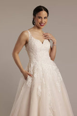Luminous Sequin-Tulle A-Line Lace-Embellished V-Neck Corset-Back Train Wedding Dress