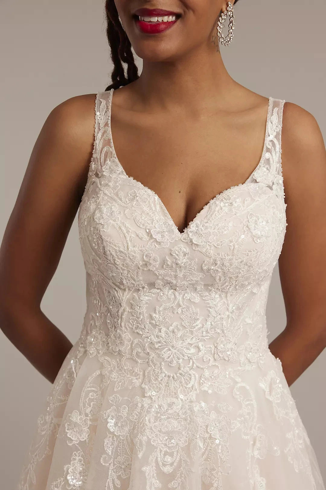 Luminous Sequin-Tulle A-Line Lace-Embellished V-Neck Corset-Back Train Wedding Dress by YiHuiw