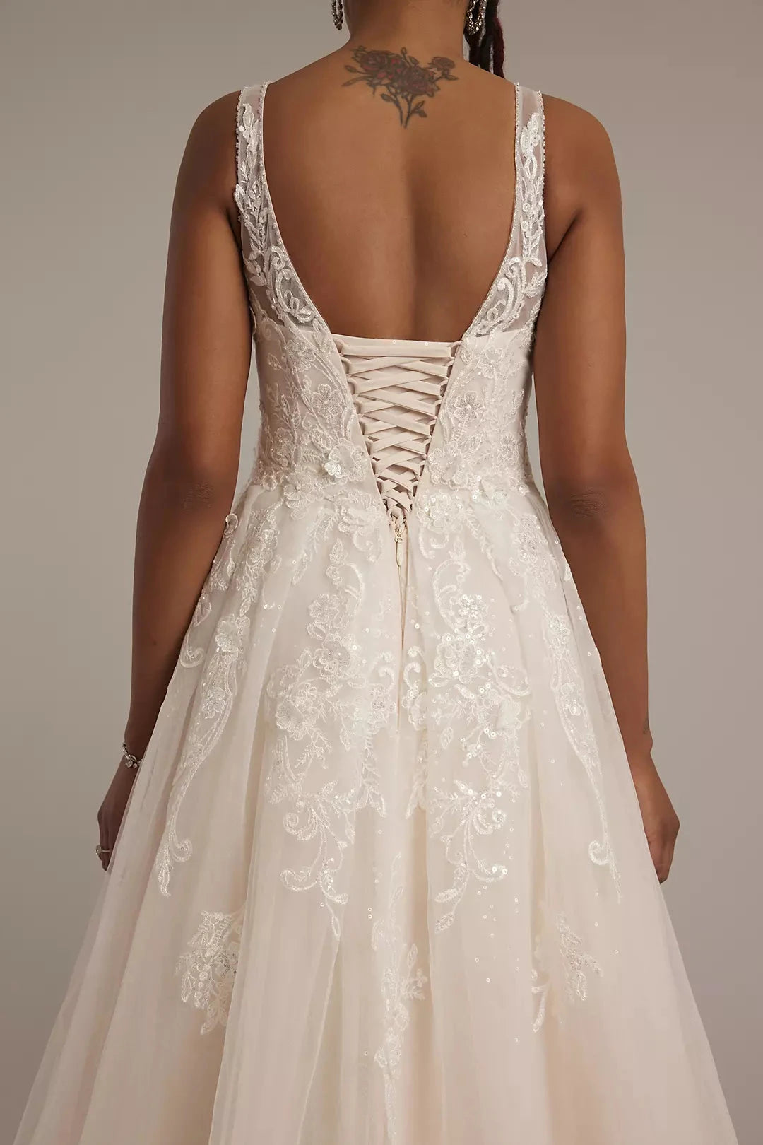 Luminous Sequin-Tulle A-Line Lace-Embellished V-Neck Corset-Back Train Wedding Dress by YiHuiw