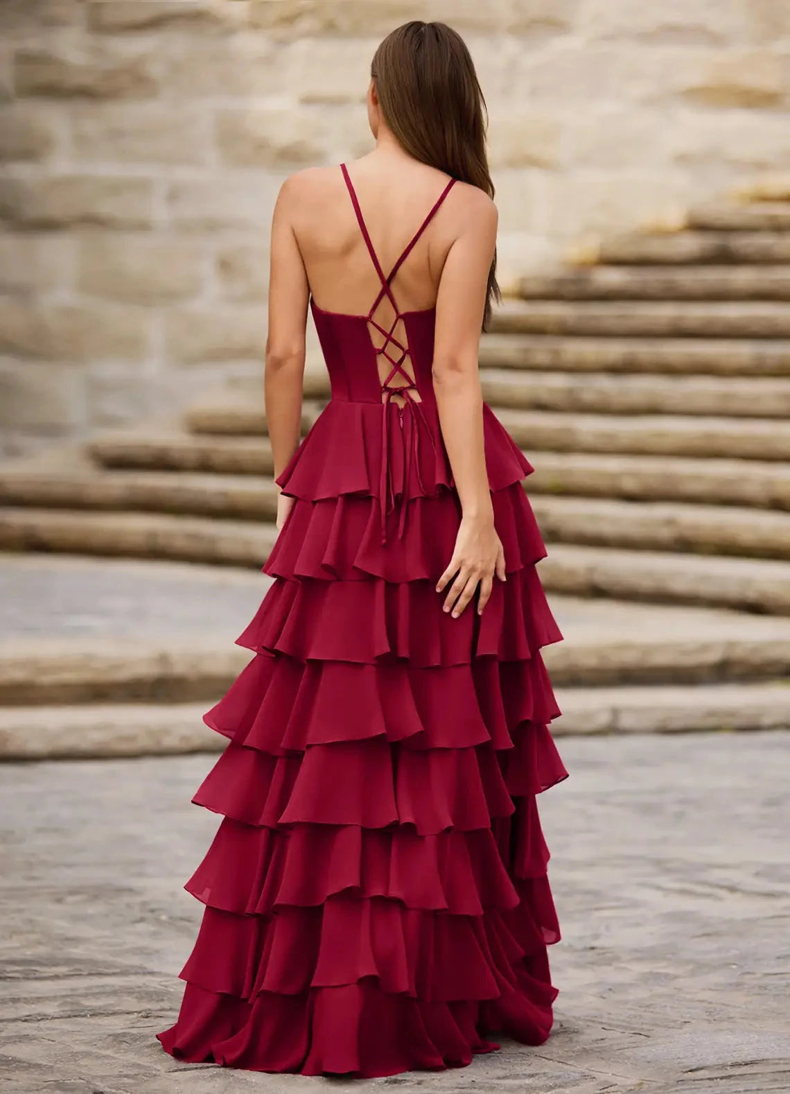 Lush A Line Sweetheart Neck Spaghetti Strap Crisscross Lace Up Back Ruffled Floor Length For Ladies Evening Dress by YiHuiw
