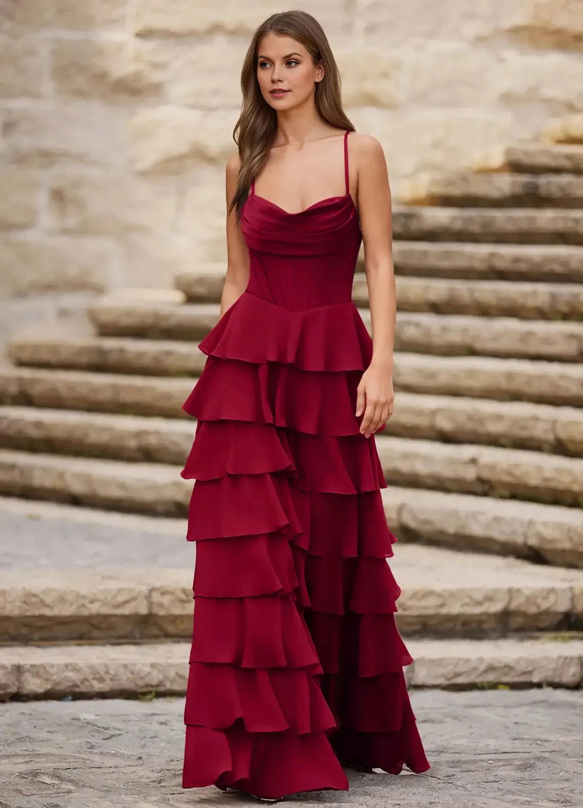Lush A Line Sweetheart Neck Spaghetti Strap Crisscross Lace Up Back Ruffled Floor Length For Ladies Evening Dress by YiHuiw