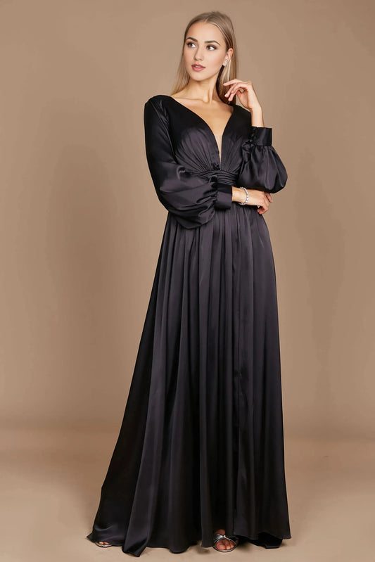 Lustrous A-Line Deep V Puff Sleeve zipper Back Floor Length Prom Dress by YiHuiw