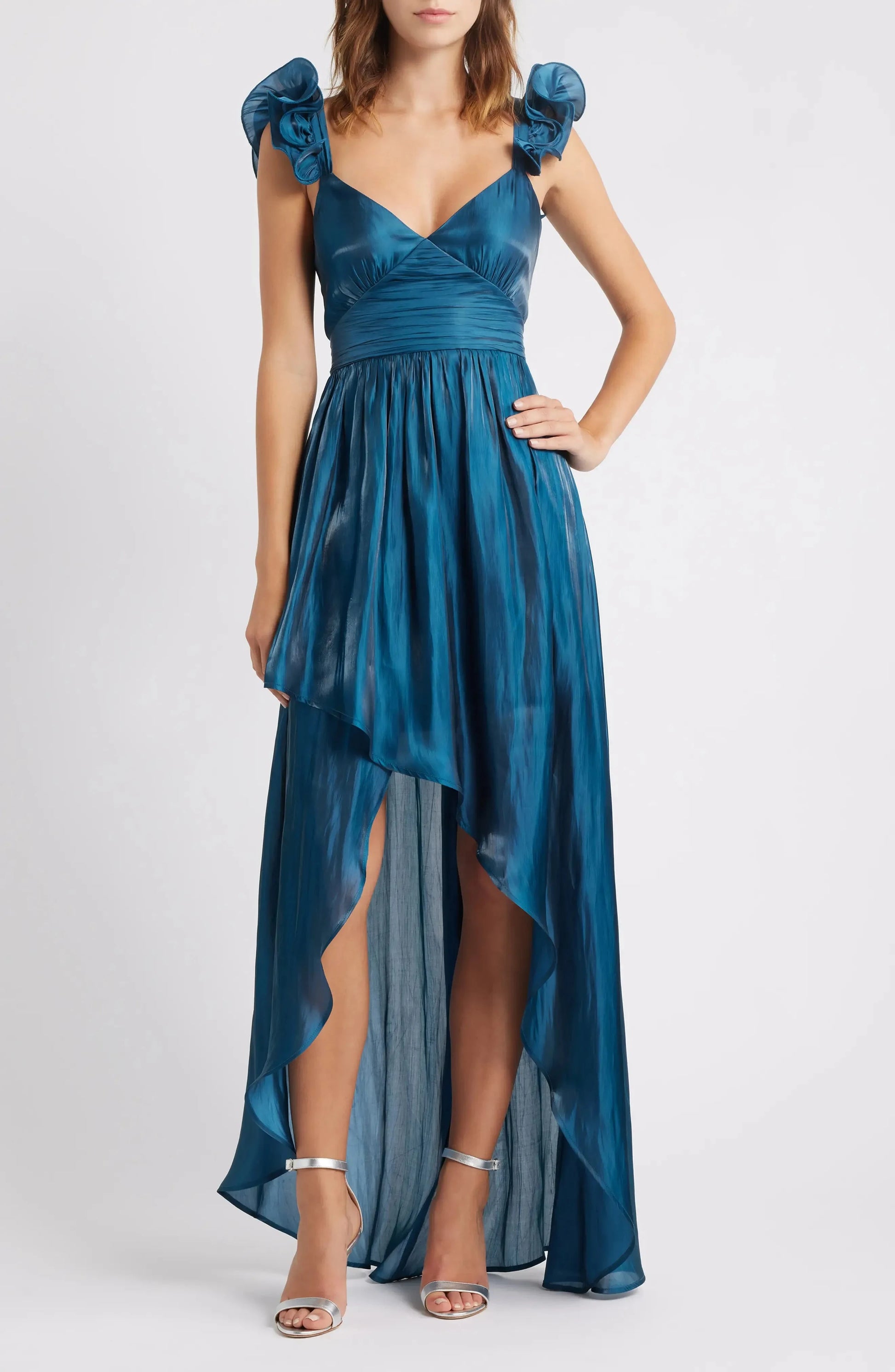 Lustrous Ruffled A-Line V Neck Sleeveless Tie Back High Low For Women Prom Dress by YiHuiw