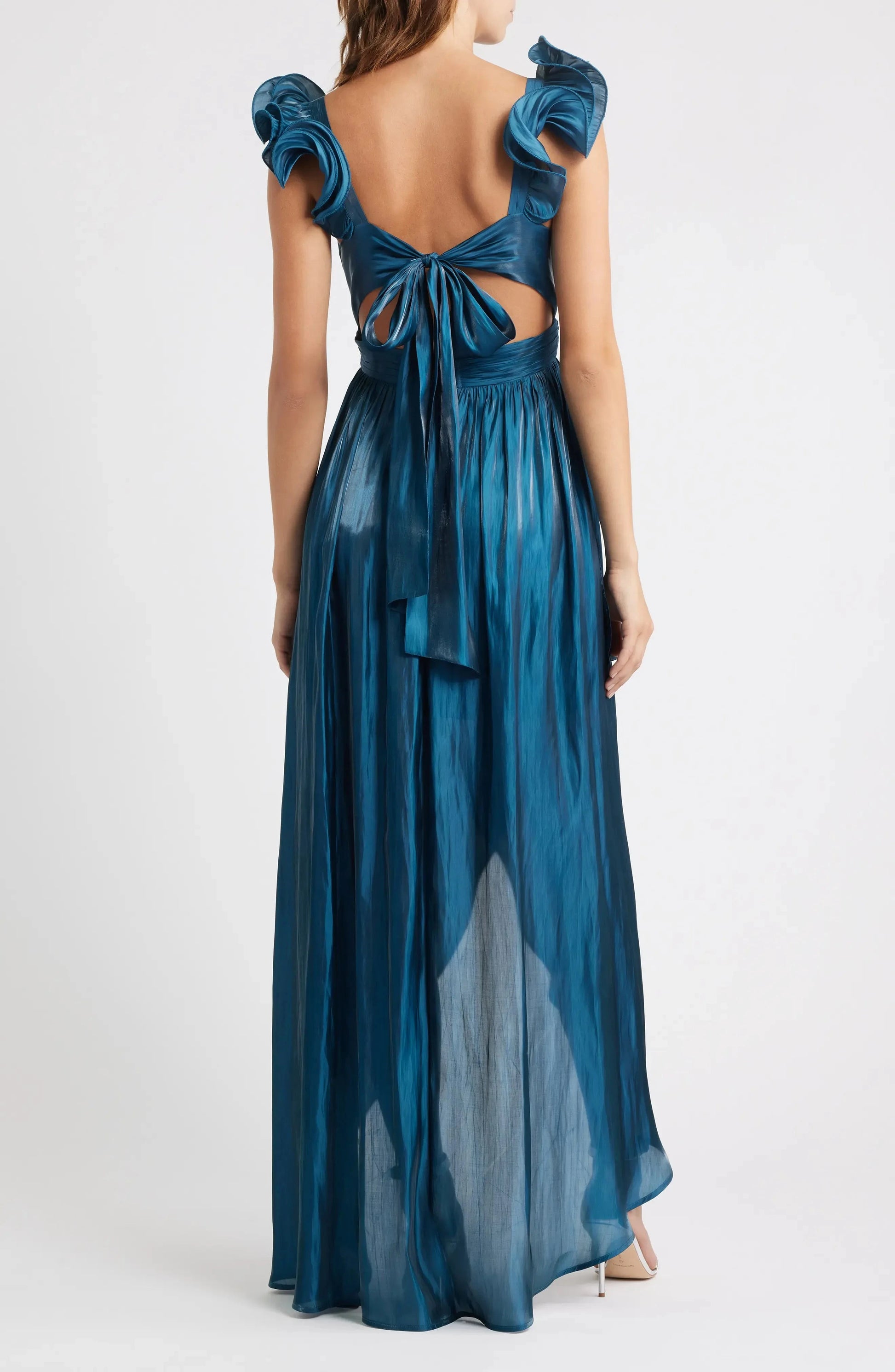 Lustrous Ruffled A-Line V Neck Sleeveless Tie Back High Low For Women Prom Dress by YiHuiw