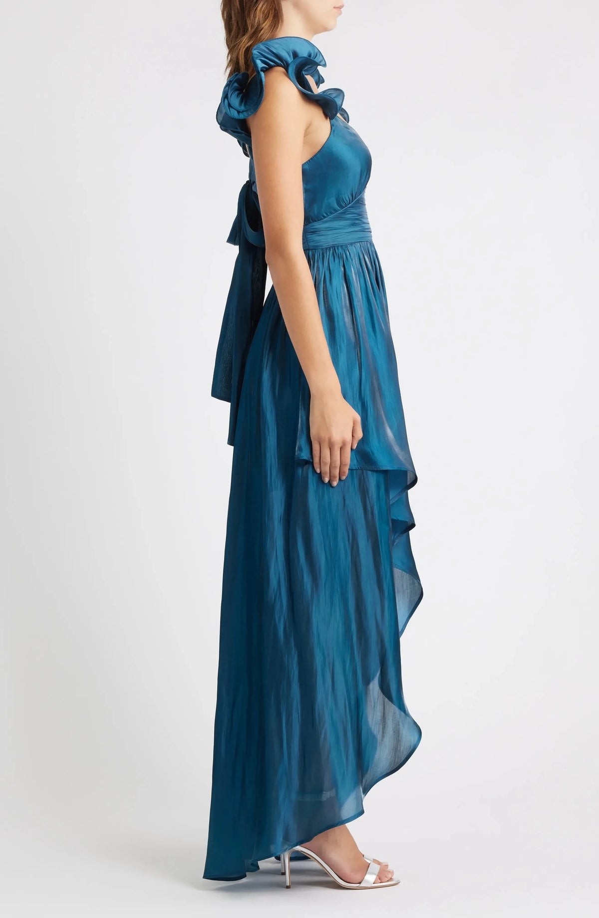Lustrous Ruffled A-Line V Neck Sleeveless Tie Back High Low For Women Prom Dress by YiHuiw
