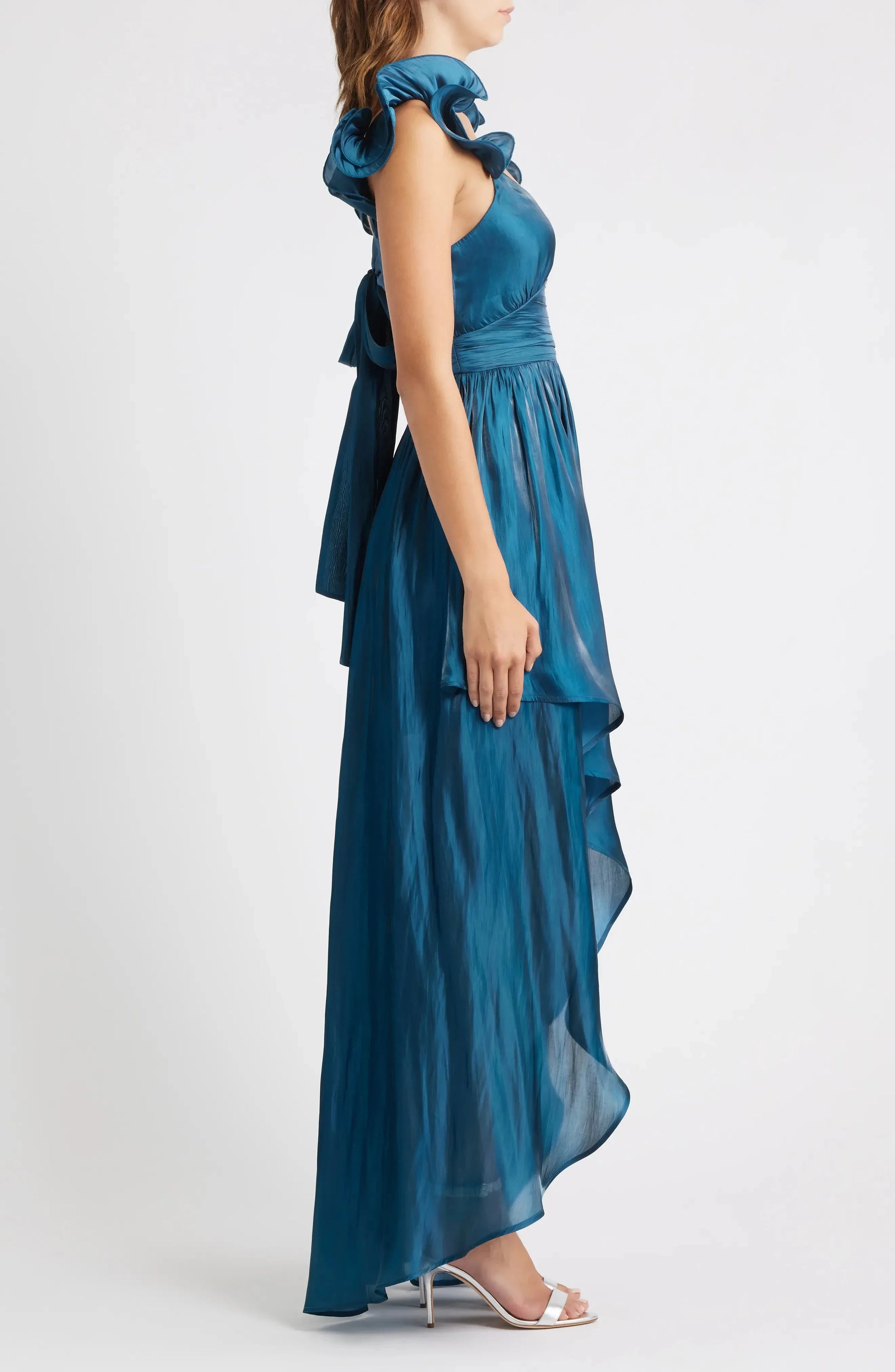 Lustrous Ruffled A-Line V Neck Sleeveless Tie Back High Low For Women Prom Dress by YiHuiw