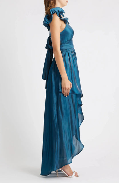 Lustrous Ruffled A-Line V Neck Sleeveless Tie Back High Low For Women Prom Dress by YiHuiw