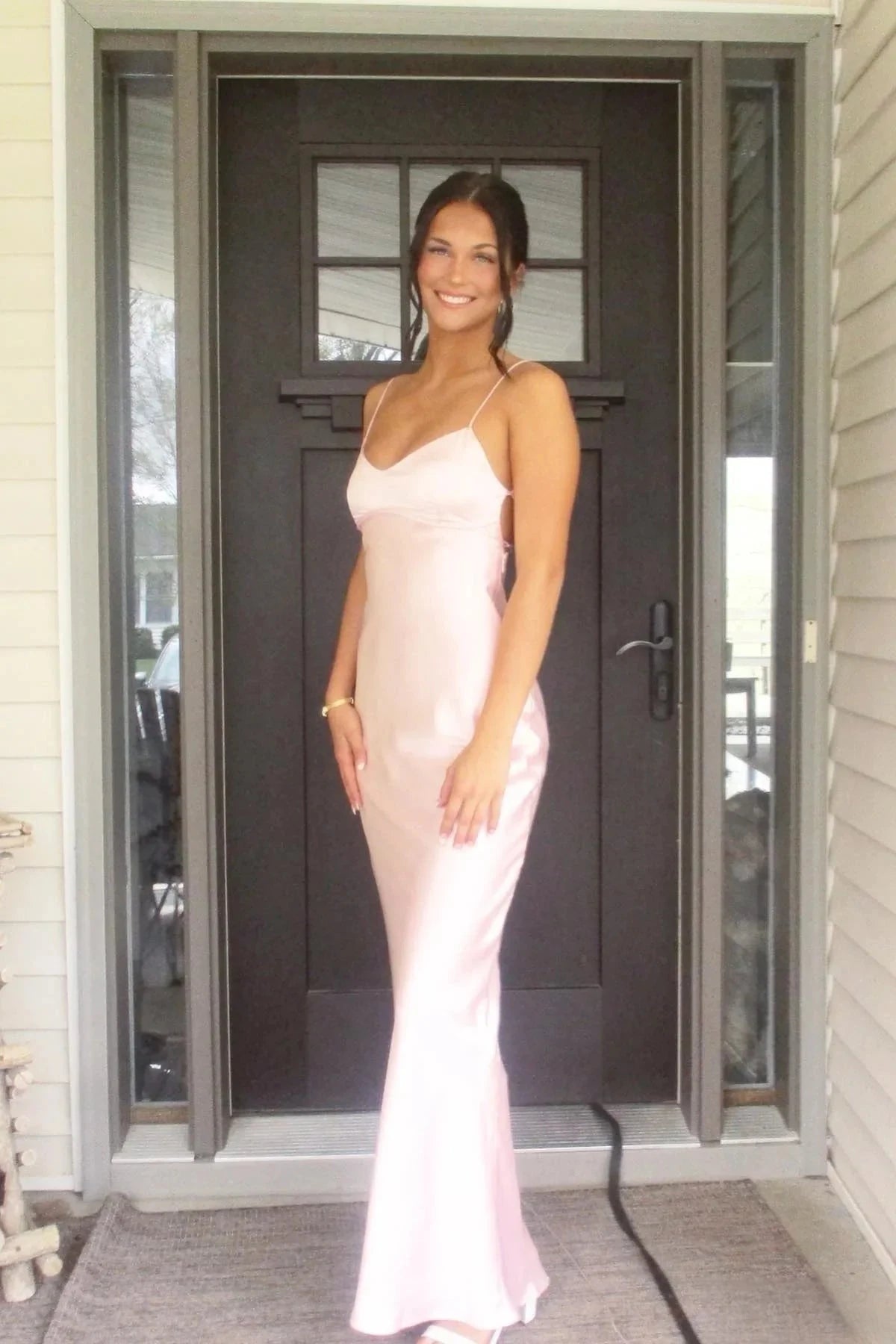 Lustrous Satin Prom Dresses with Delicate Spaghetti Straps, Crisscross Lace-Up Back Detail, Form-Fitting Mermaid Silhouette and Side Cutout Formal Gown by JiMiss Dresses