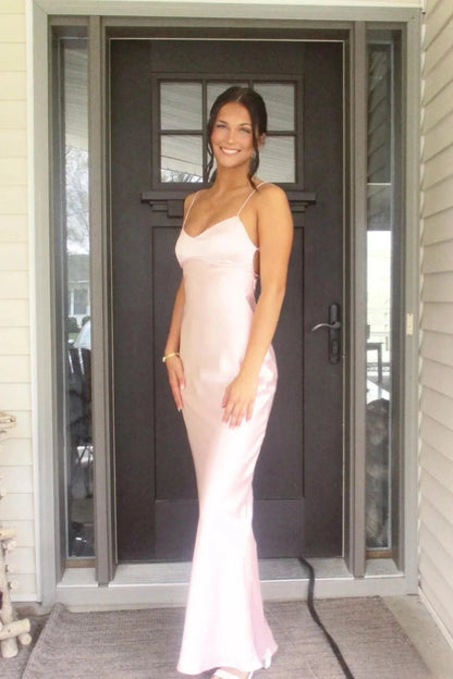 Lustrous Satin Prom Dresses with Delicate Spaghetti Straps, Crisscross Lace-Up Back Detail, Form-Fitting Mermaid Silhouette and Side Cutout Formal Gown by JiMiss Dresses