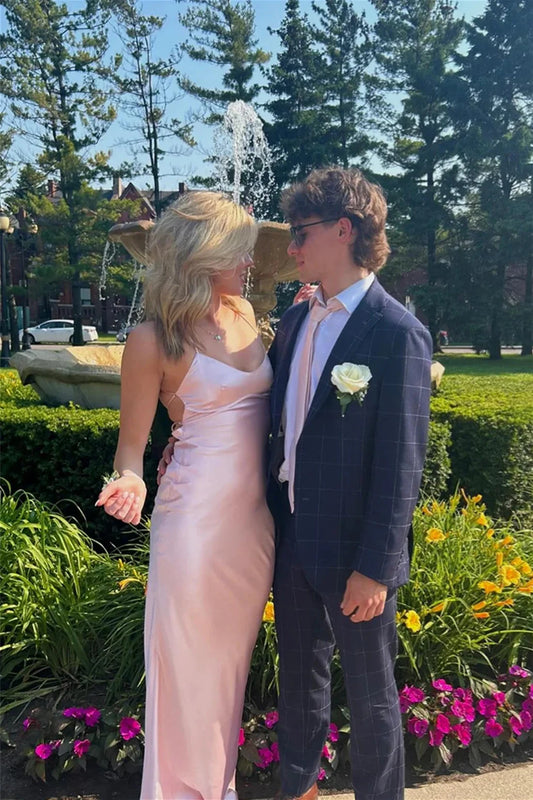 Lustrous Satin Prom Dresses with Delicate Spaghetti Straps, Crisscross Lace-Up Back Detail, Form-Fitting Mermaid Silhouette and Side Cutout Formal Gown by JiMiss Dresses