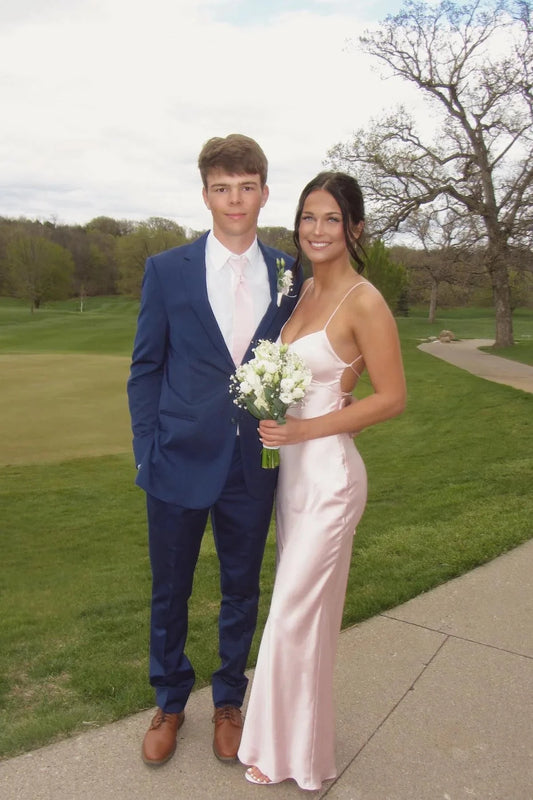 Lustrous Satin Prom Dresses with Delicate Spaghetti Straps, Crisscross Lace-Up Back Detail, Form-Fitting Mermaid Silhouette and Side Cutout Formal Gown by JiMiss Dresses