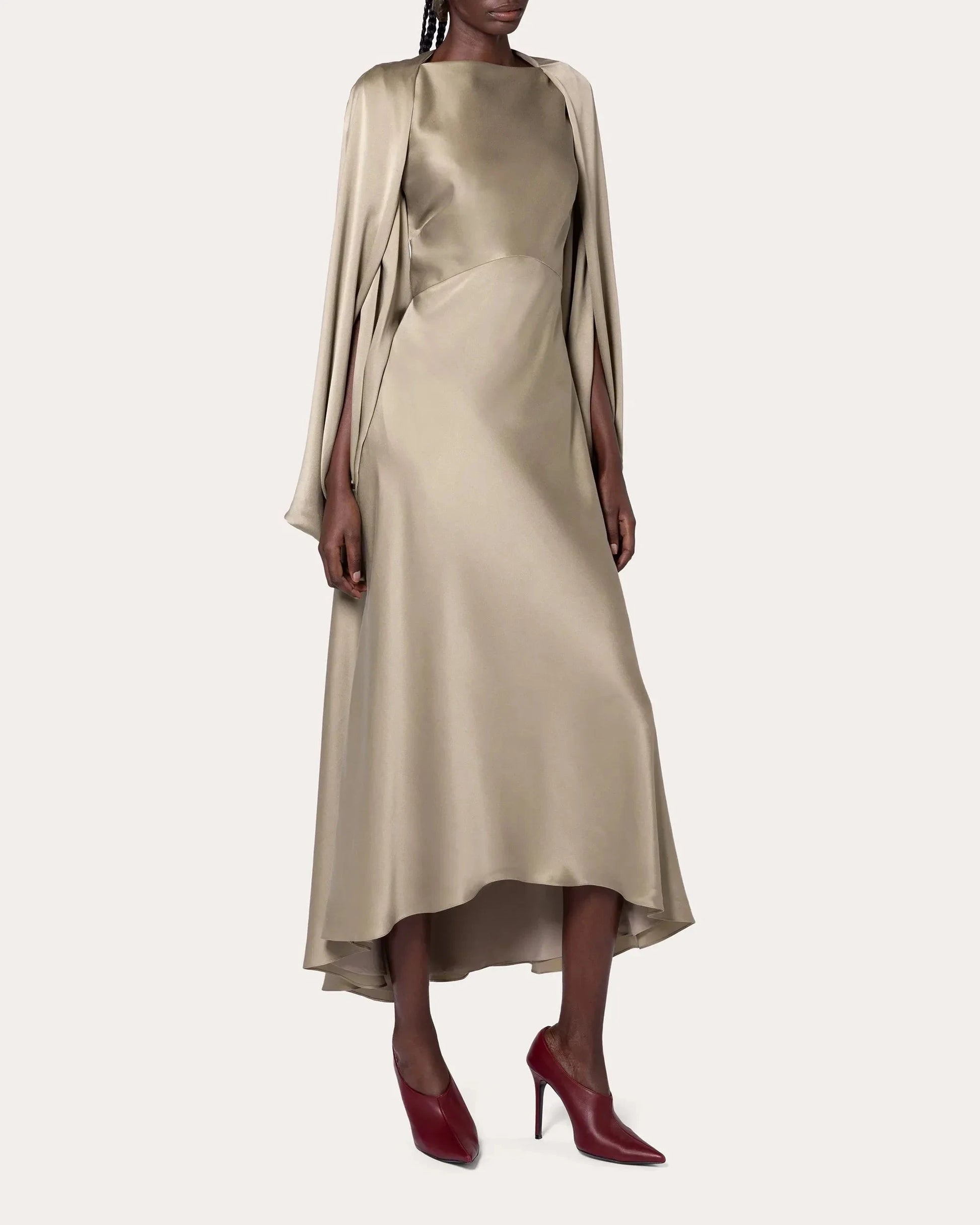 Luxe A-Line Boat Neck Cape Sleeve Solid Back High Low Midi For Adults Prom Dress by YiHuiw