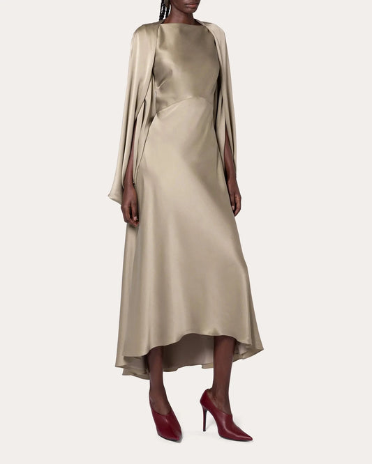 Luxe A-Line Boat Neck Cape Sleeve Solid Back High Low Midi For Adults Prom Dress by YiHuiw