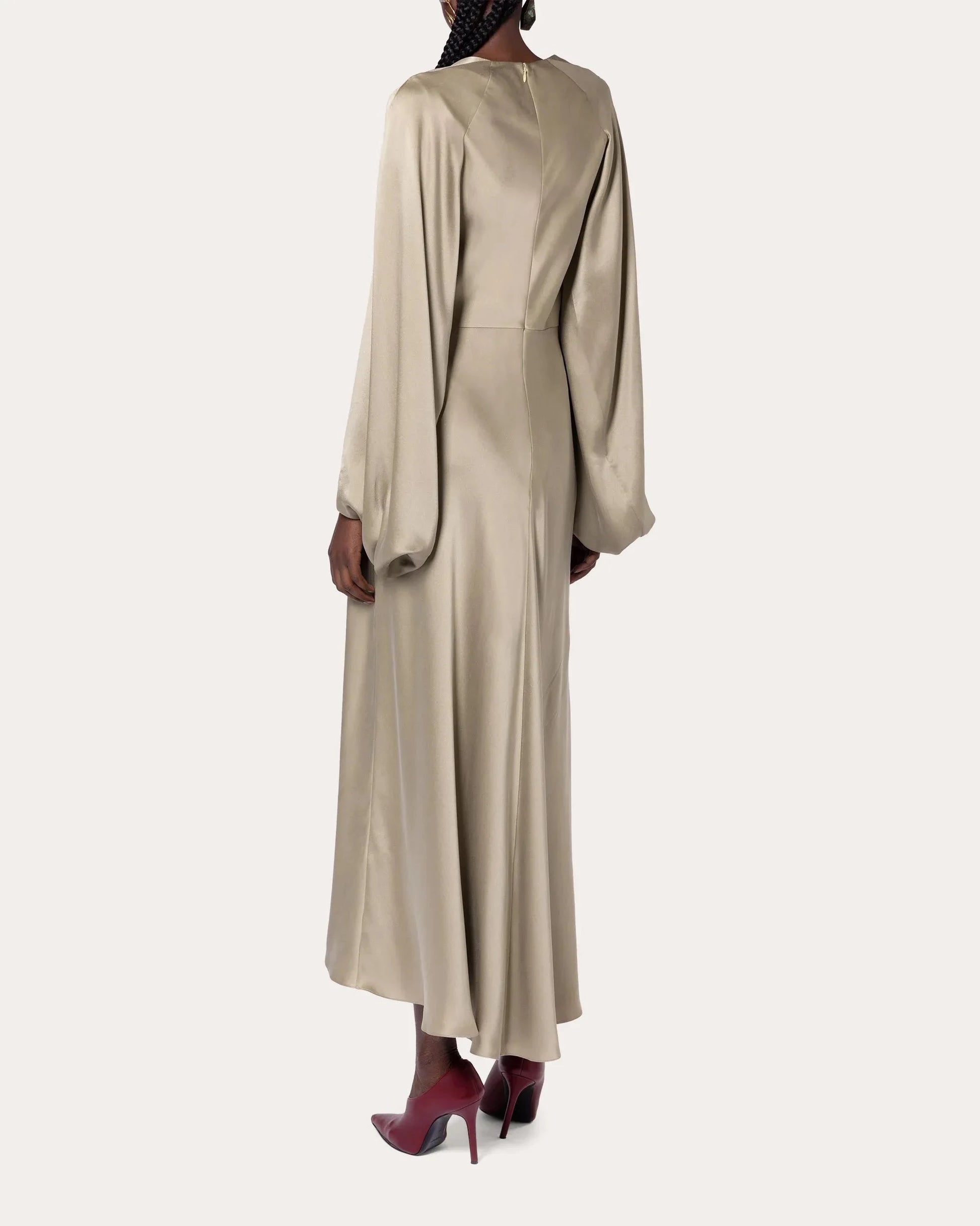 Luxe A-Line Boat Neck Cape Sleeve Solid Back High Low Midi For Adults Prom Dress by YiHuiw