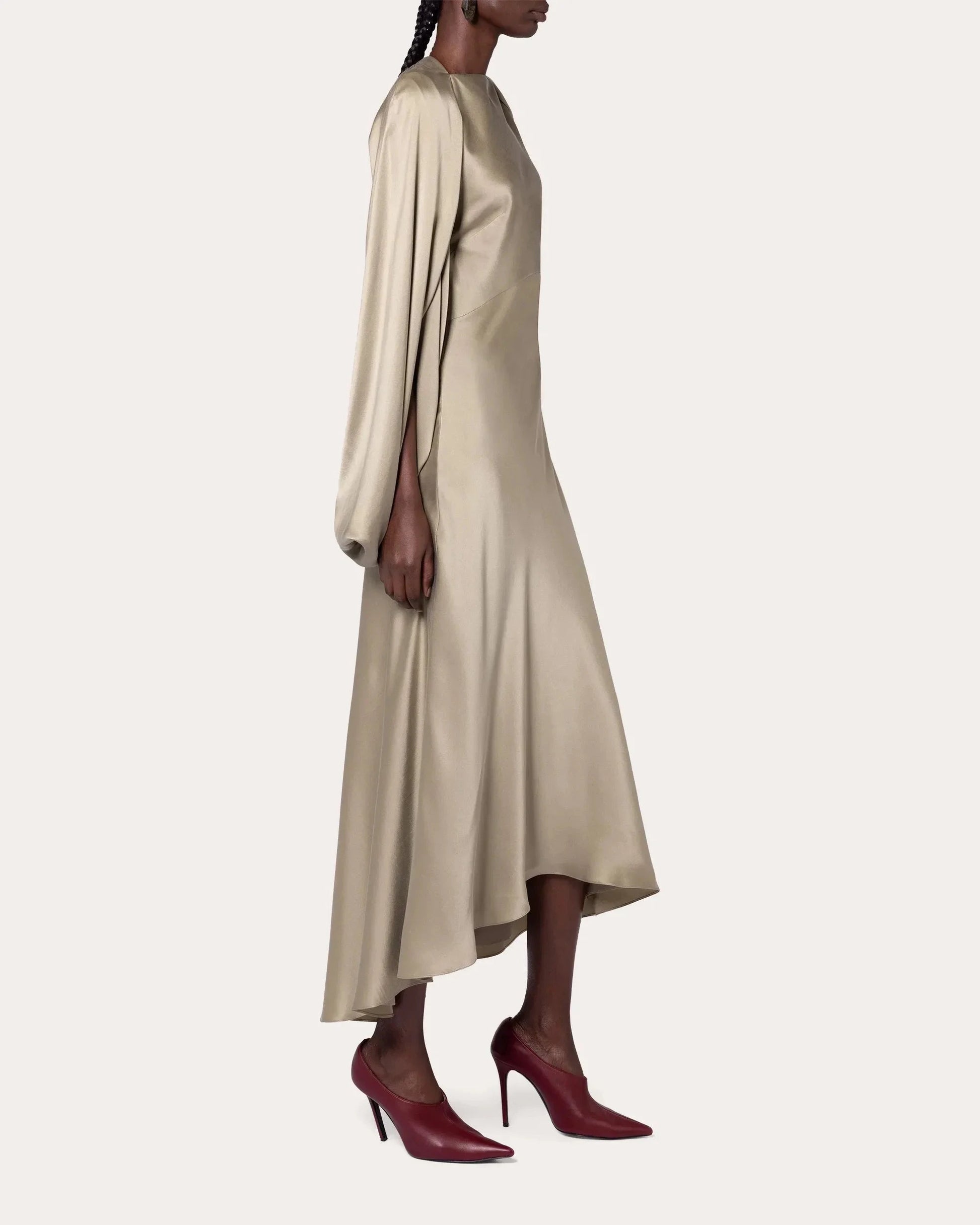 Luxe A-Line Boat Neck Cape Sleeve Solid Back High Low Midi For Adults Prom Dress by YiHuiw
