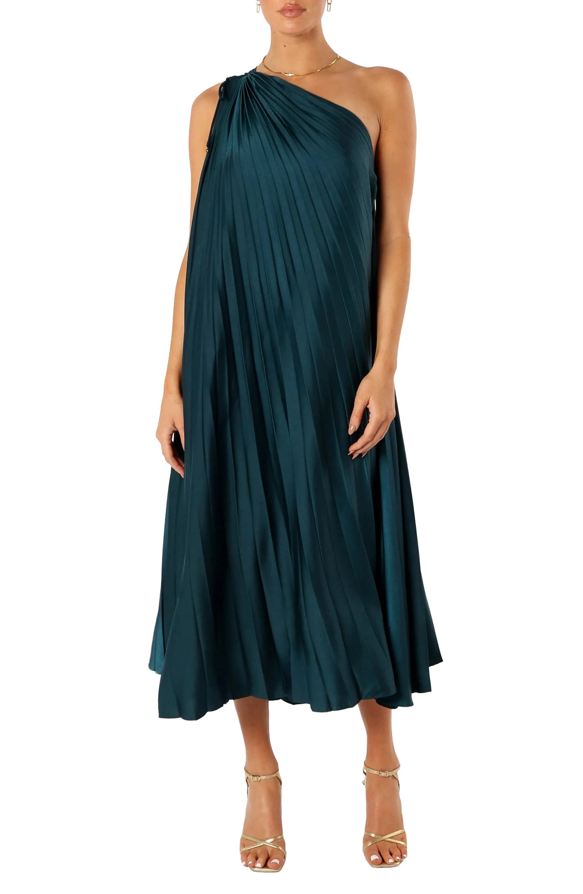 Luxe Flowy One Shoulder Sleeveless Ruched Back Midi Evening Dress by YiHuiw