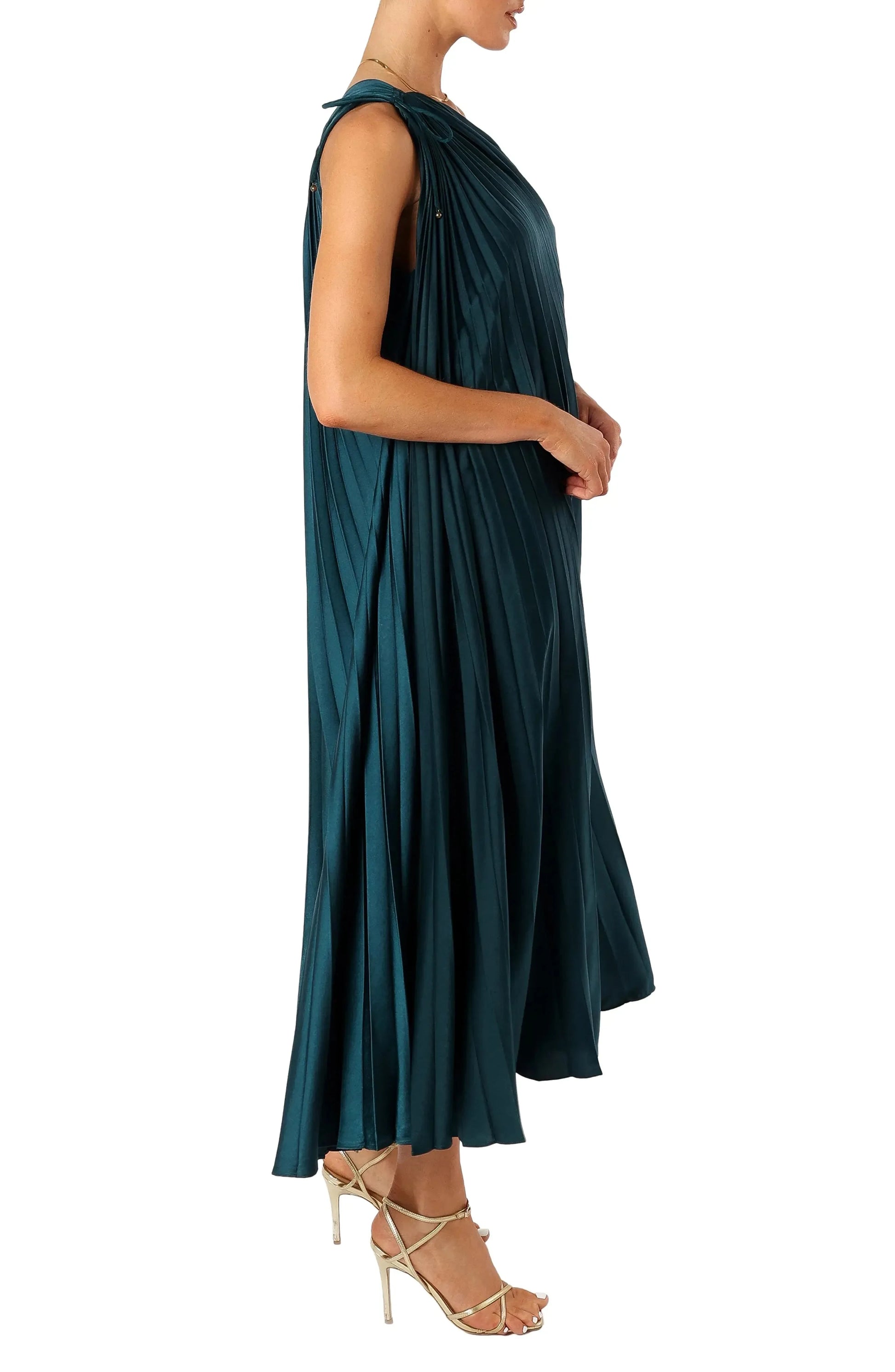 Luxe Flowy One Shoulder Sleeveless Ruched Back Midi Evening Dress by YiHuiw