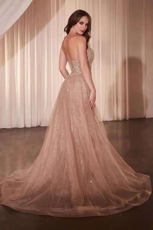 Luxe Mermaid Deep V Strapless Open Back Train Length Prom Dress by YiHuiw