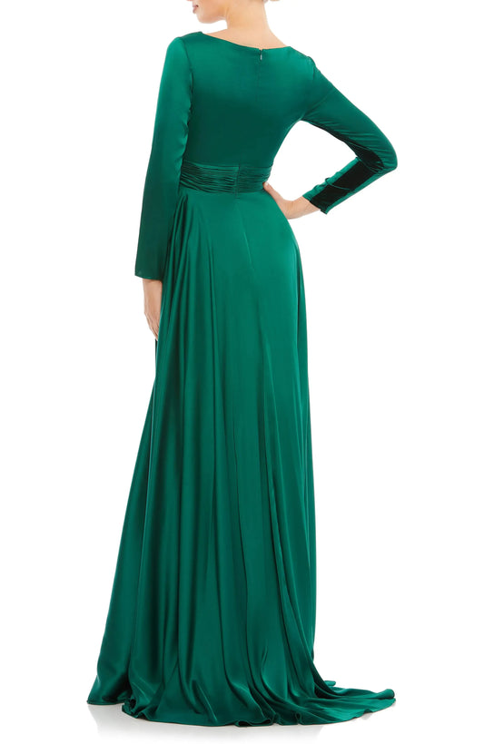 Luxe Ruched A-Line Deep V Neck Long Sleeve Zipper Back Floor Length For Adults Prom Dress by YiHuiw