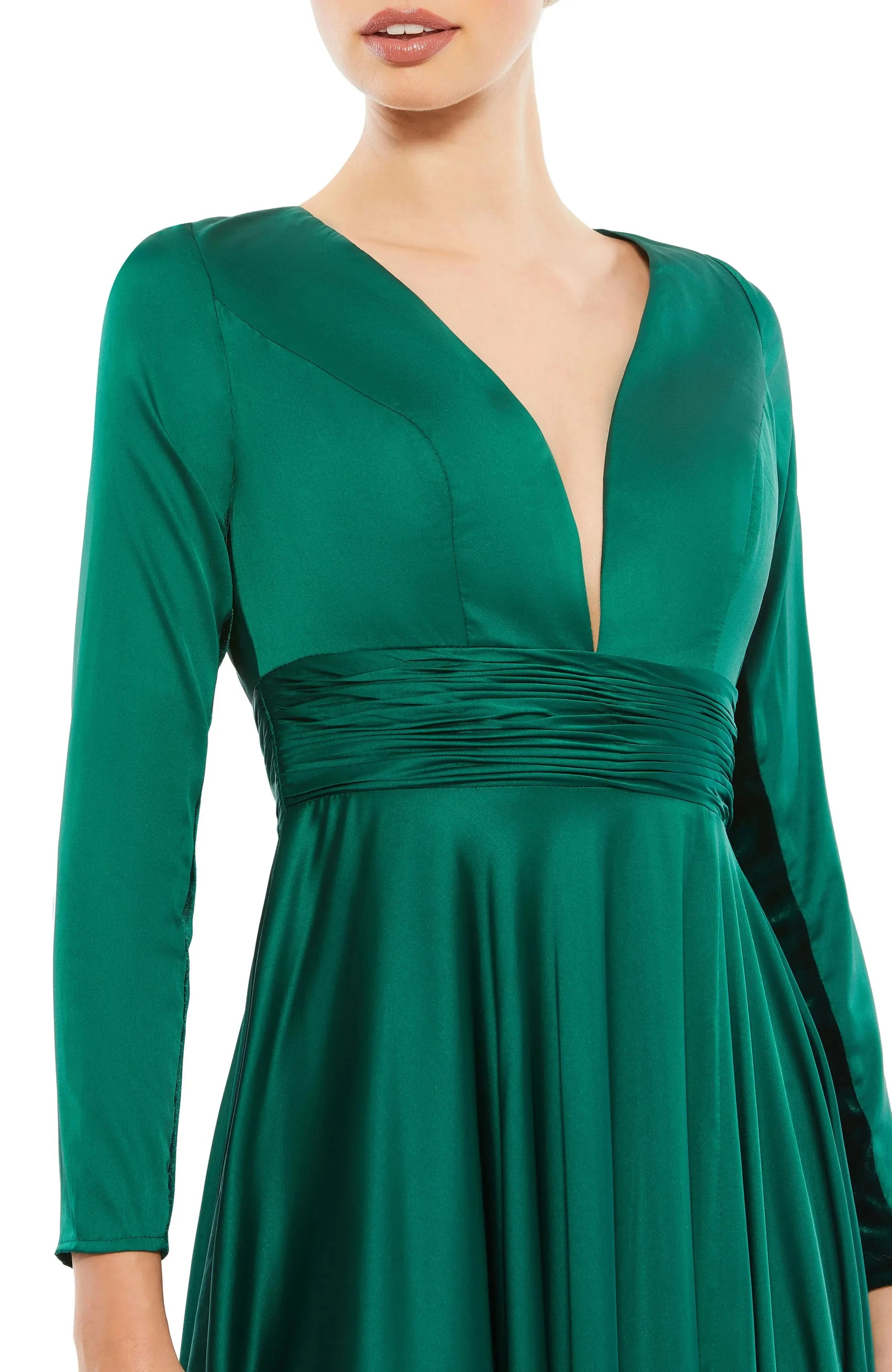 Luxe Ruched A-Line Deep V Neck Long Sleeve Zipper Back Floor Length For Adults Prom Dress by YiHuiw