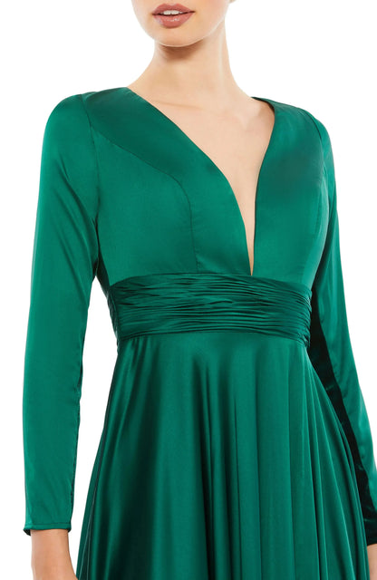 Luxe Ruched A-Line Deep V Neck Long Sleeve Zipper Back Floor Length For Adults Prom Dress by YiHuiw