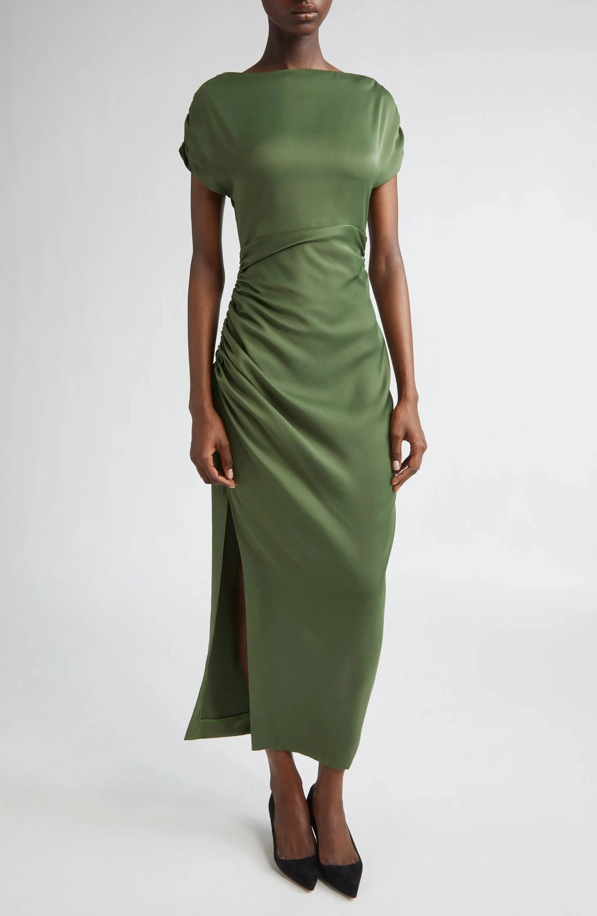 Luxe Ruched Boat Neck Puff Sleeve Zipper Back Asymmetrical Midi For Women Prom Dress by YiHuiw