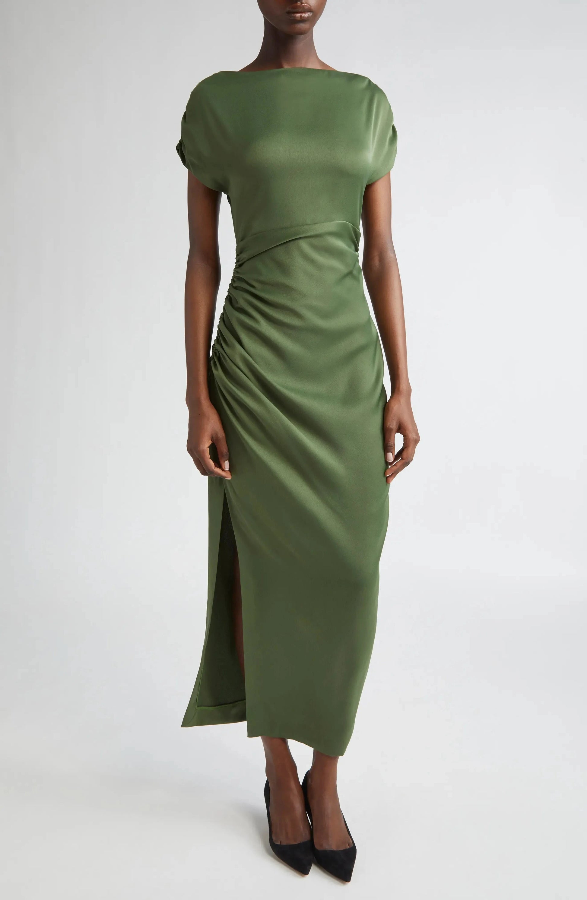 Luxe Ruched Boat Neck Puff Sleeve Zipper Back Asymmetrical Midi For Women Prom Dress by YiHuiw