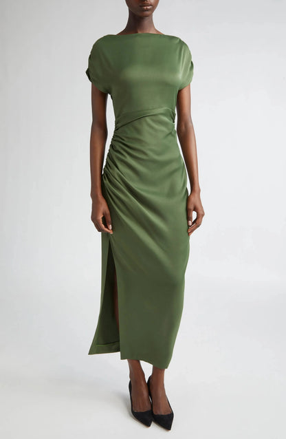 Luxe Ruched Boat Neck Puff Sleeve Zipper Back Asymmetrical Midi For Women Prom Dress by YiHuiw