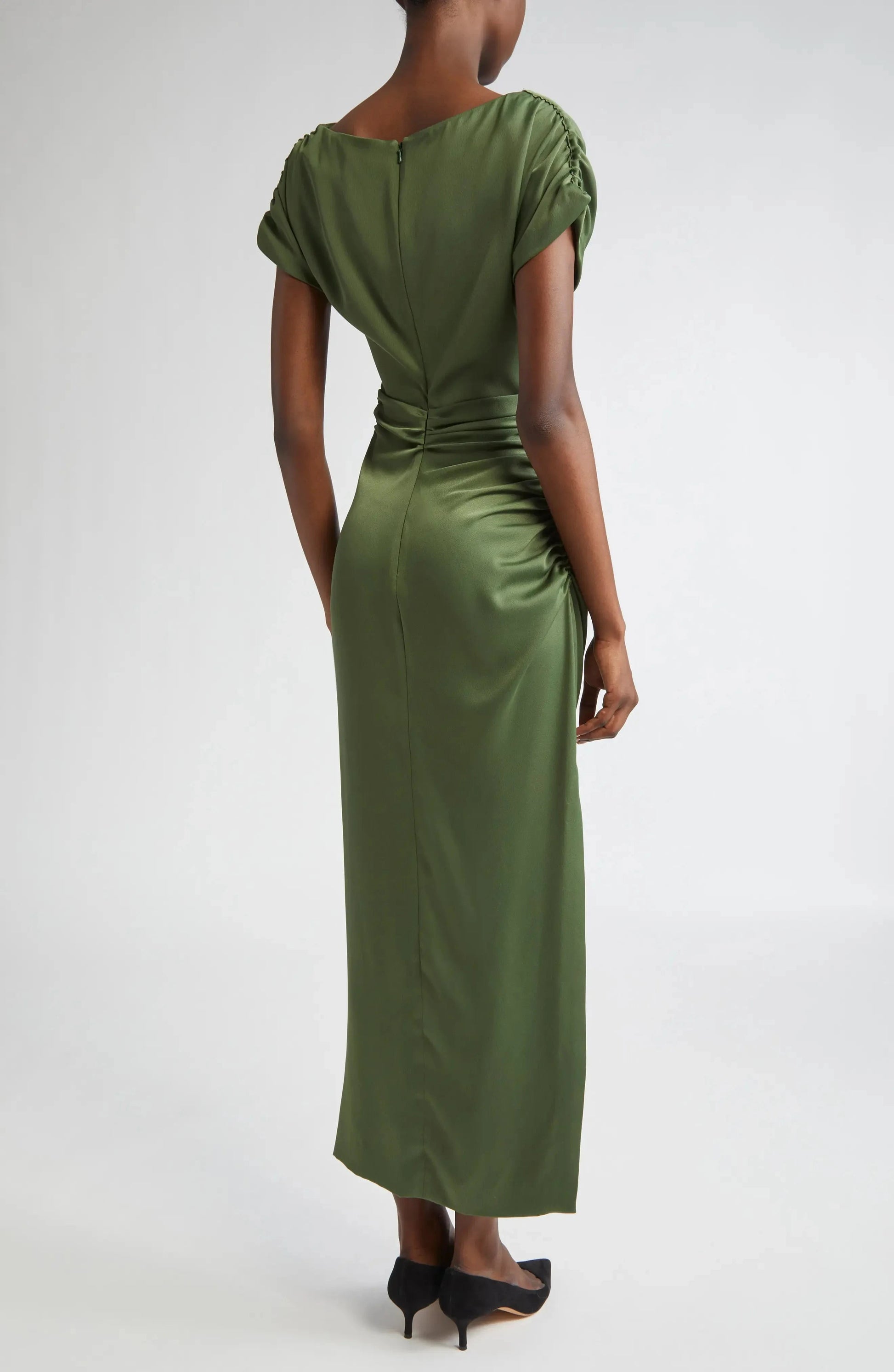 Luxe Ruched Boat Neck Puff Sleeve Zipper Back Asymmetrical Midi For Women Prom Dress by YiHuiw