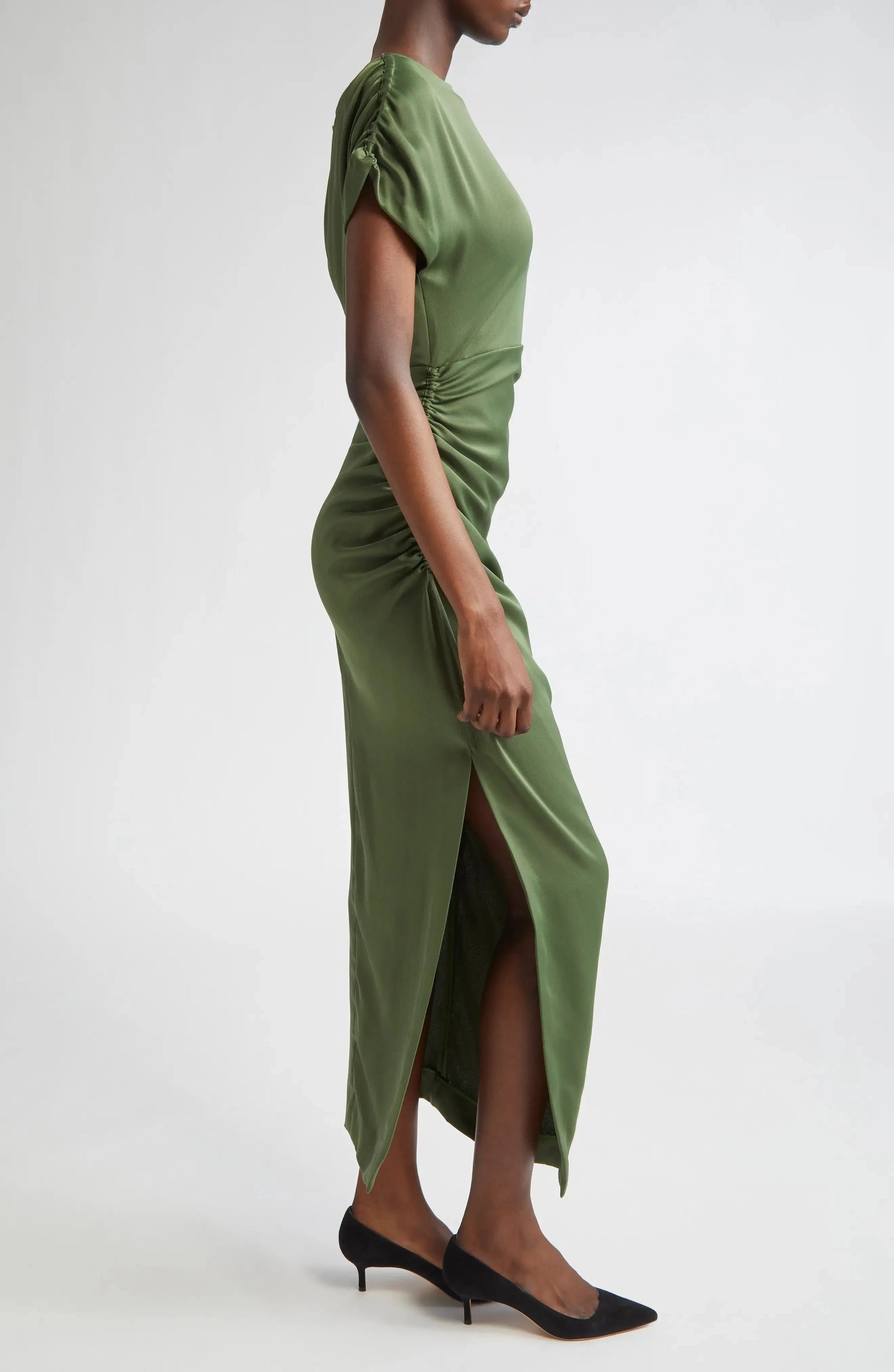 Luxe Ruched Boat Neck Puff Sleeve Zipper Back Asymmetrical Midi For Women Prom Dress by YiHuiw