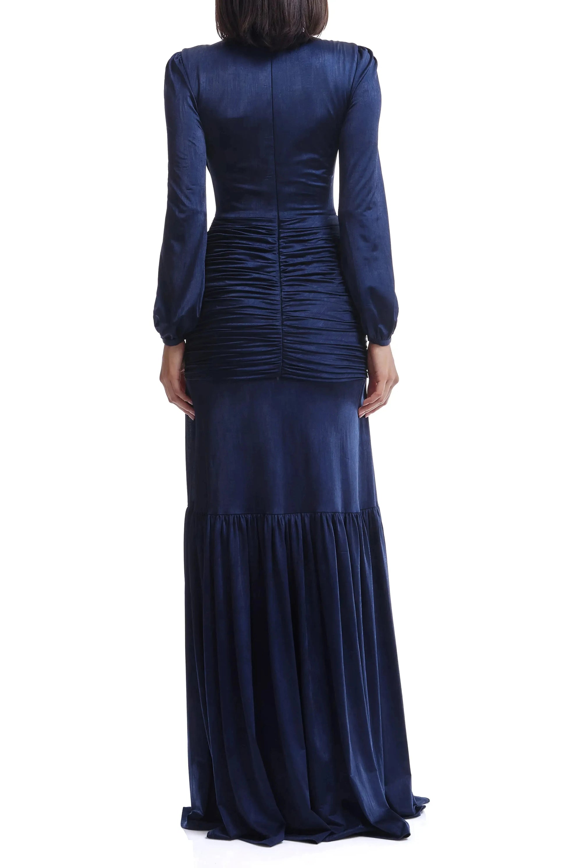 Luxe Ruched Mermaid Crew Neck Long Sleeve Solid Back Floor Length For Ladies Prom Dress by YiHuiw