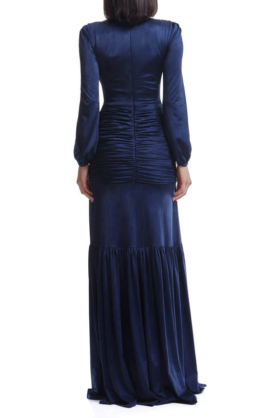 Luxe Ruched Mermaid Crew Neck Long Sleeve Solid Back Floor Length For Ladies Prom Dress by YiHuiw