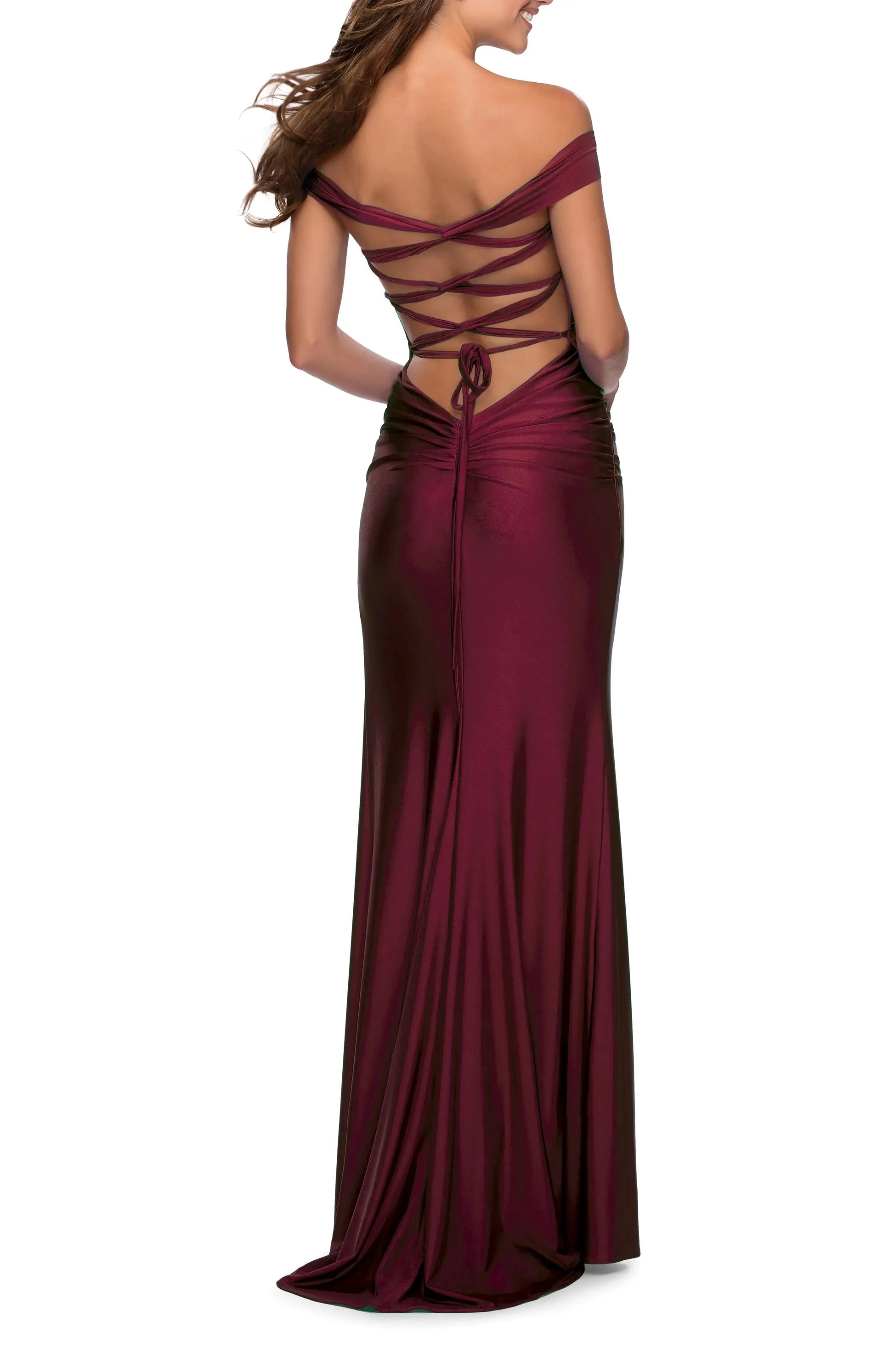 Luxe Ruched Off the Shoulder Short Sleeve Lace Up Back Floor Length For Adults Evening Dress by YiHuiw
