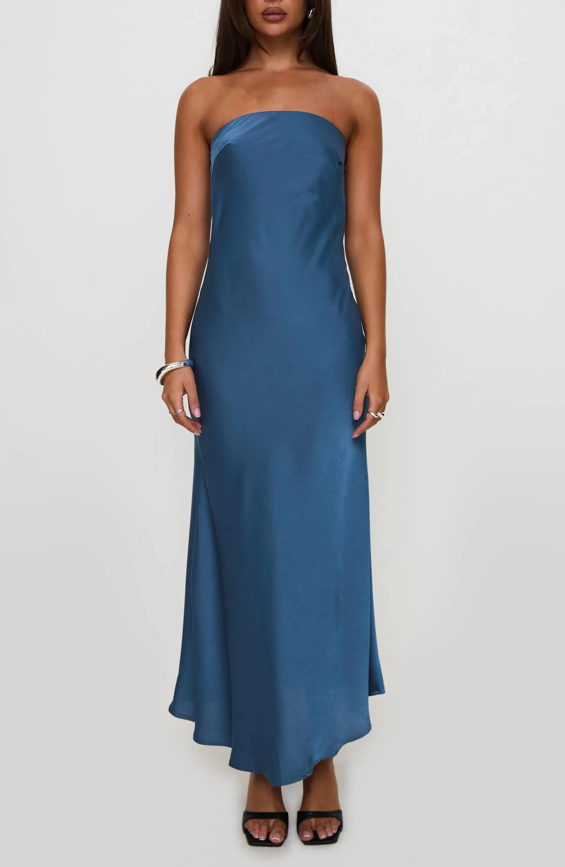 Luxe Satin A-Line Strapless Sleeveless Tie Back Midi Length For Adults Prom Dress by YiHuiw