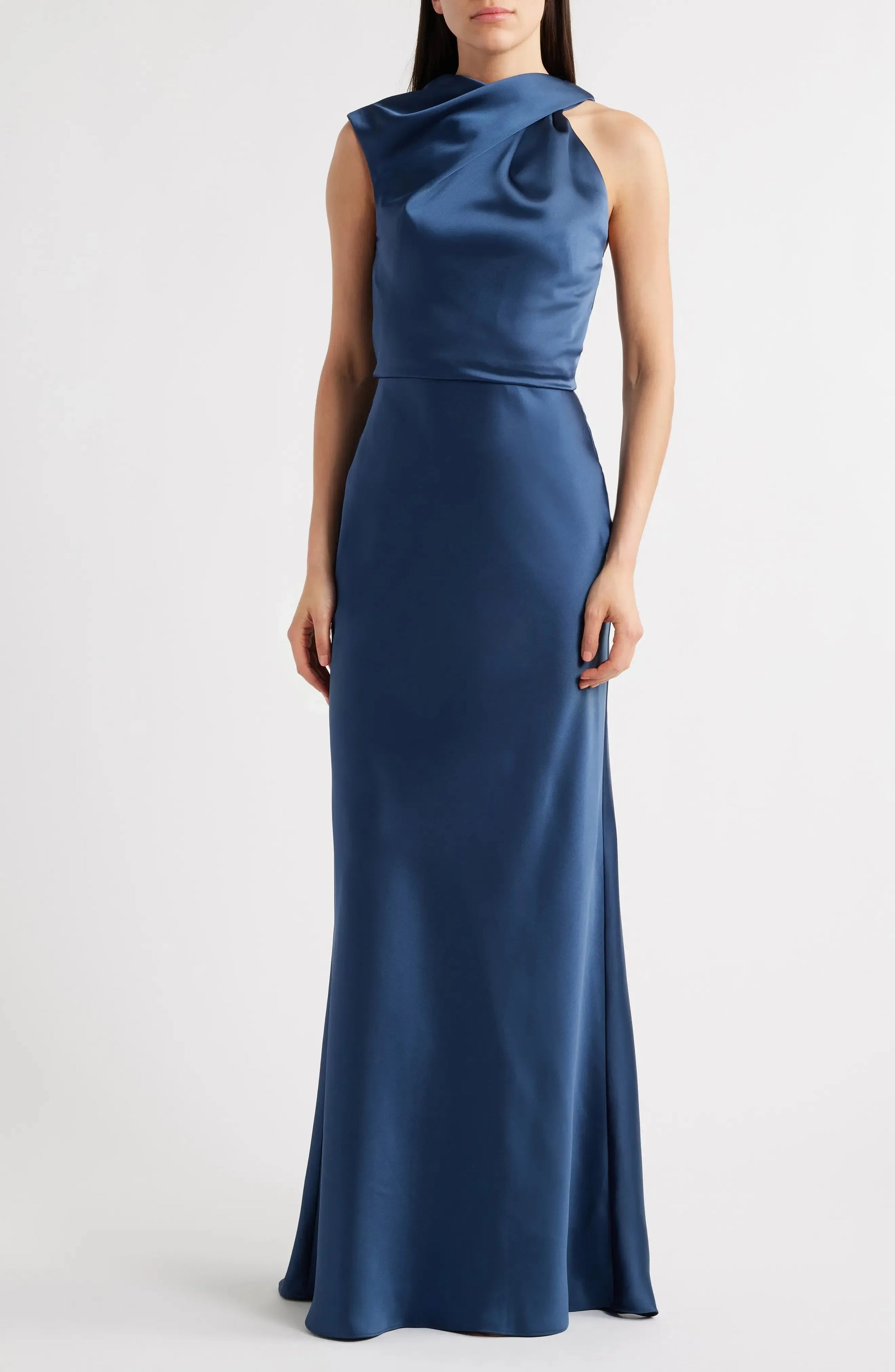 Luxe Satin Fitted Cowl Neck Sleeveless Zipper Back Floor Length Hot Sale Evening Dress by YiHuiw