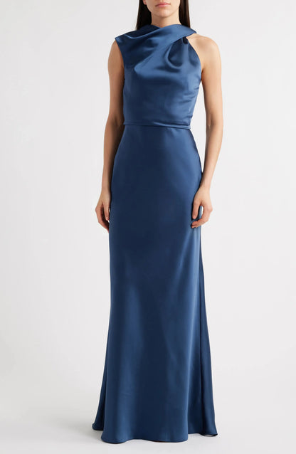 Luxe Satin Fitted Cowl Neck Sleeveless Zipper Back Floor Length Hot Sale Evening Dress by YiHuiw